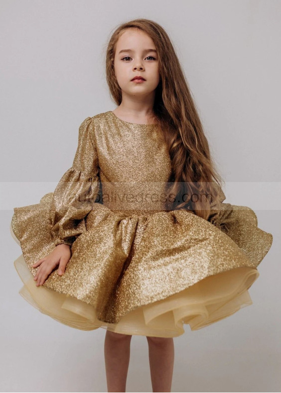 Long Sleeves Gold Glitter Flower Girl Dress